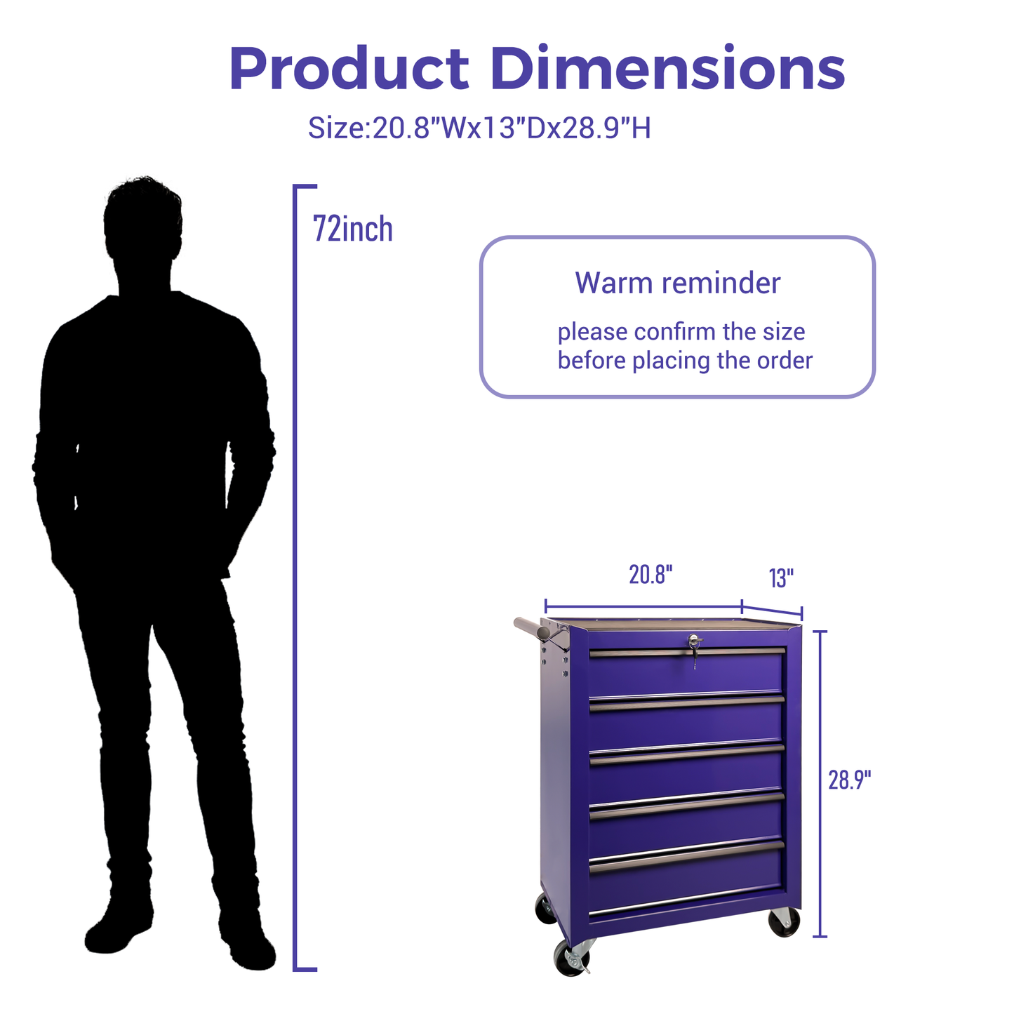 Rolling Metal Tool Chest with 5 Drawers - Purple