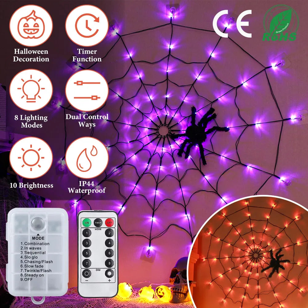 Halloween Spider Web Light with Remote Control - 70 LED, 3.28FT