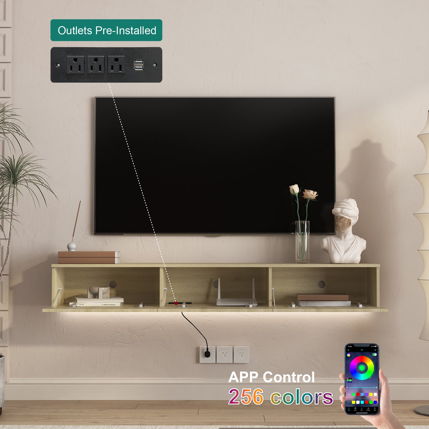 Wall-Mounted Floating TV Stand with 16 Color LEDs - 65 Inch