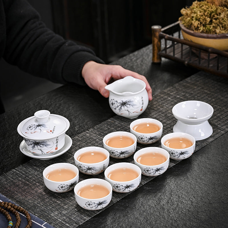 Porcelain Chinese Style Tea Set with Tea Tray - White Ceramic Tableware