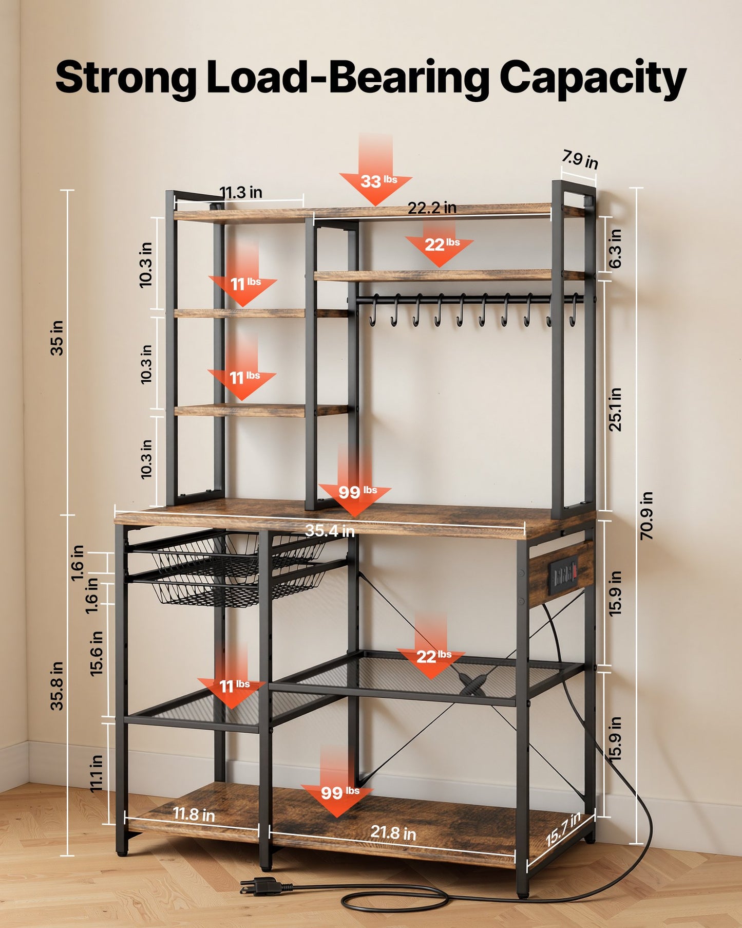 Kitchen Bakers Rack with Power Outlet, 5 Ft Metal Stand, Hooks & Shelves
