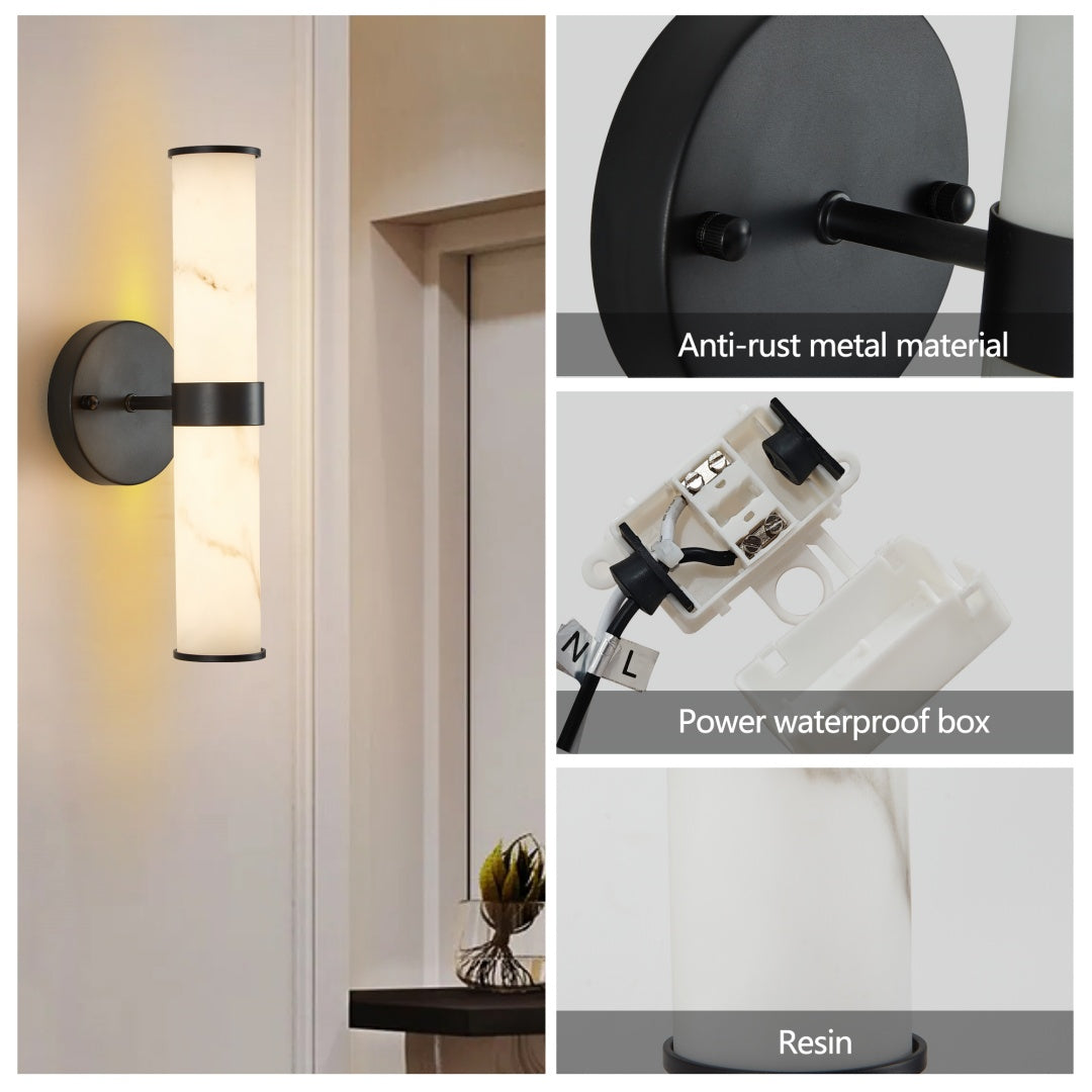 Set of 2 Marble Texture Wall Lights with Black Iron Frame