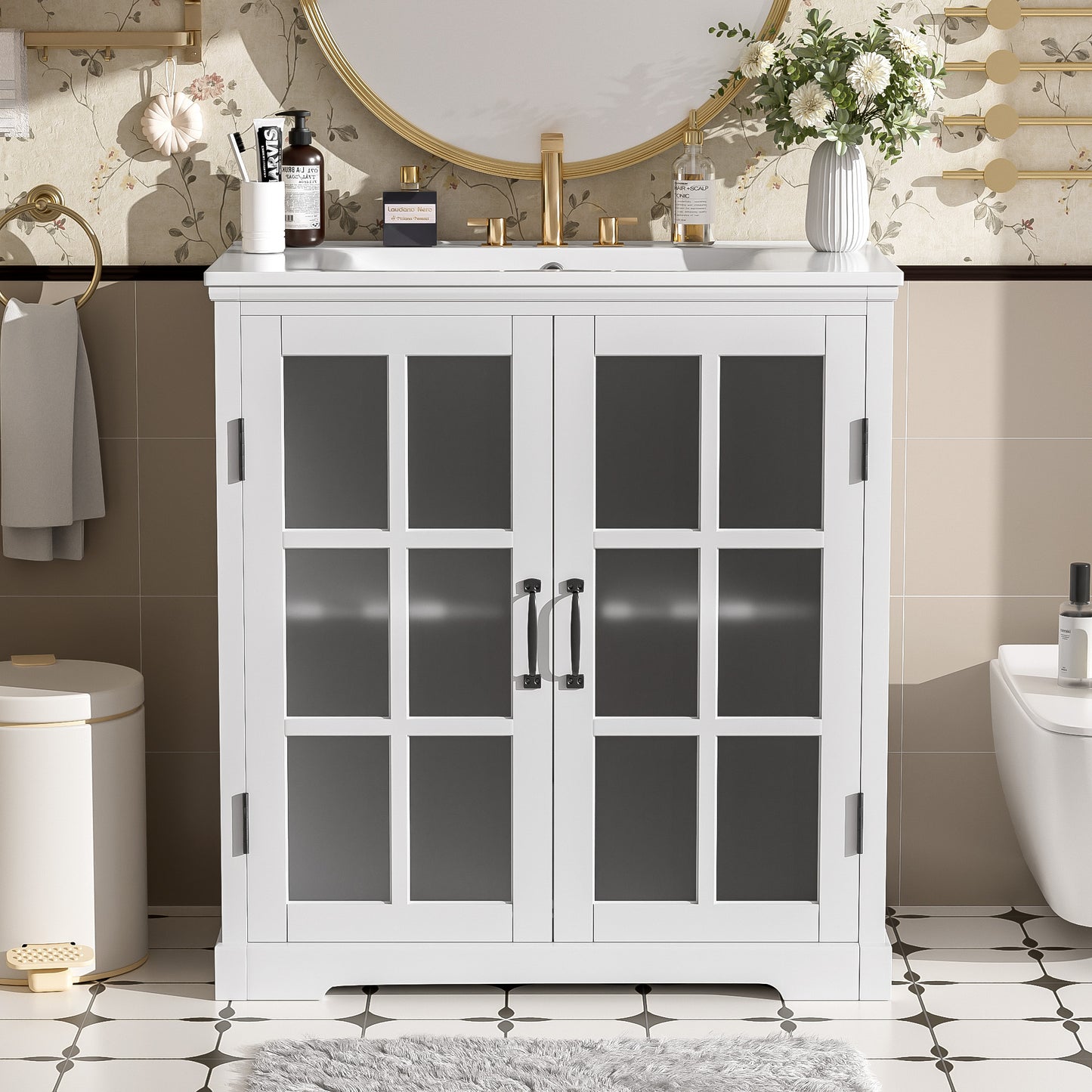 30" Modern Bathroom Vanity with Ceramic Sink & Storage - White