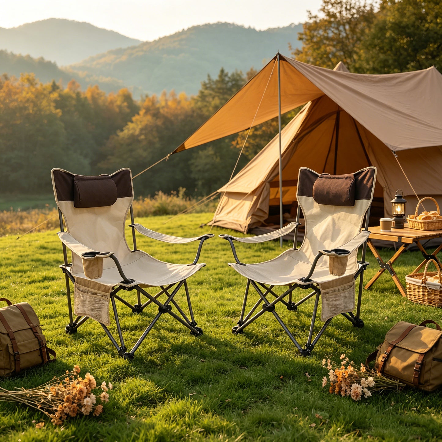 Folding Camping Chairs - Portable Adjustable Reclining with Cup Holder