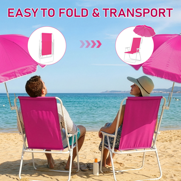 Folding Beach Chair with Detachable Umbrella - XL Size, Pink