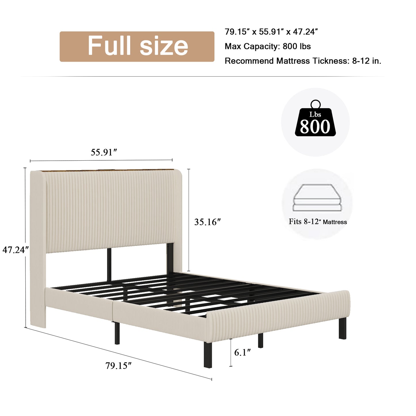 Full Metal Platform Bed Frame with Charging Station - Beige