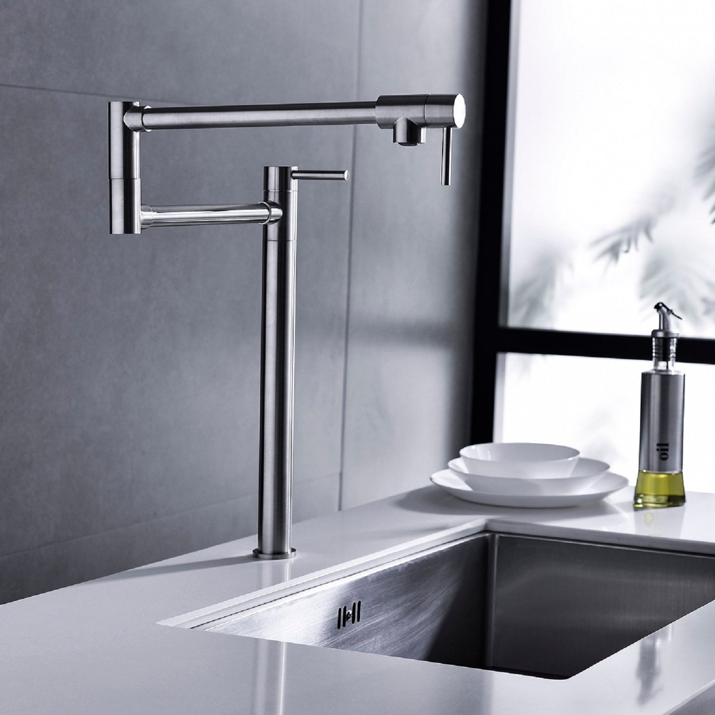 Modern Pot Filler Faucet with Extended Handle - Brushed Nickel