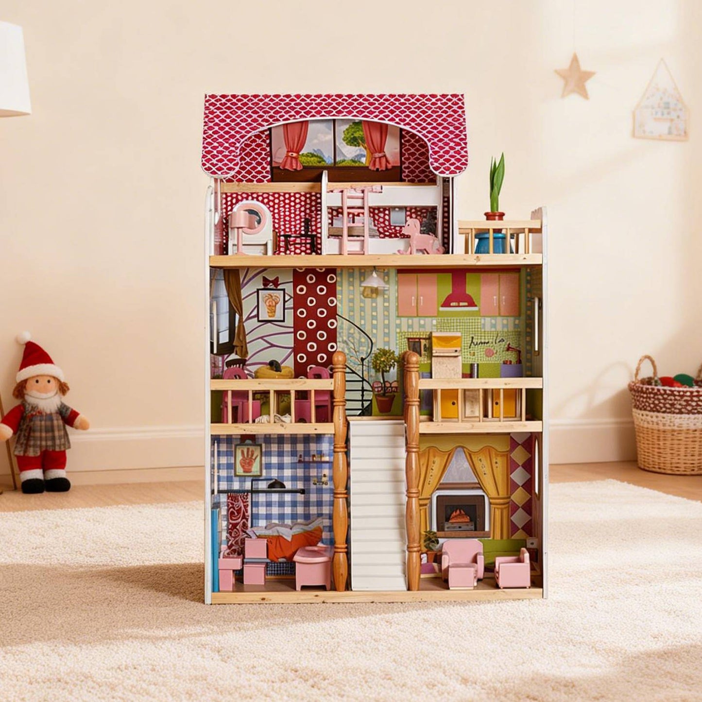 3-Story Wooden Dollhouse with 14 Accessories - Kids Playhouse