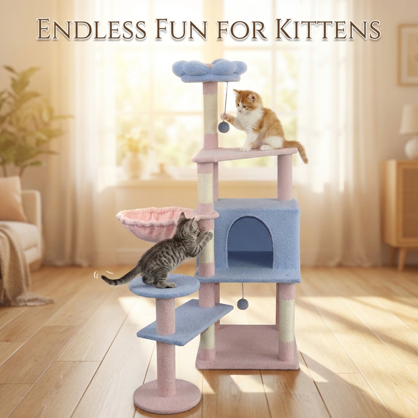 Flower Cat Tree with Large Condo, Removable Flower Cushion & Hammock - Blue