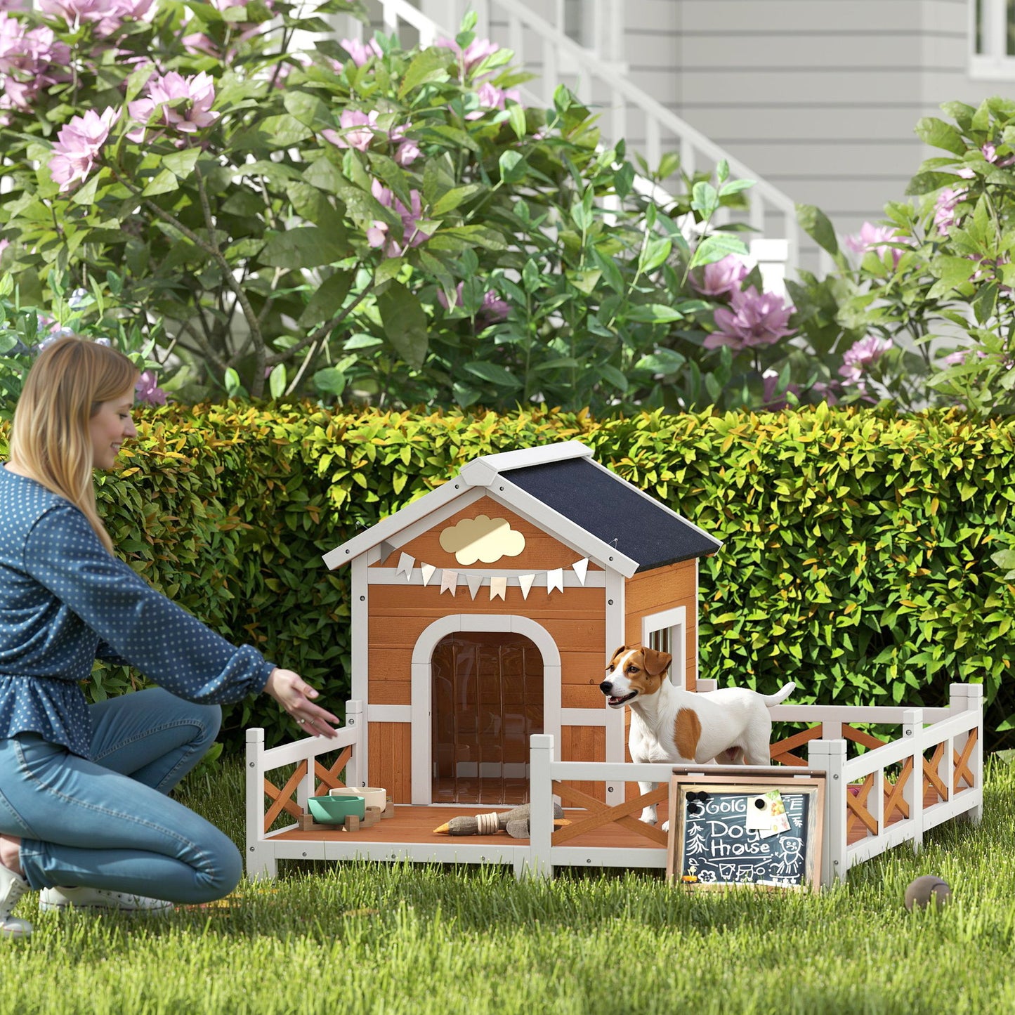 Outdoor Wooden Dog House with Porch, Weatherproof Roof & Removable Floor