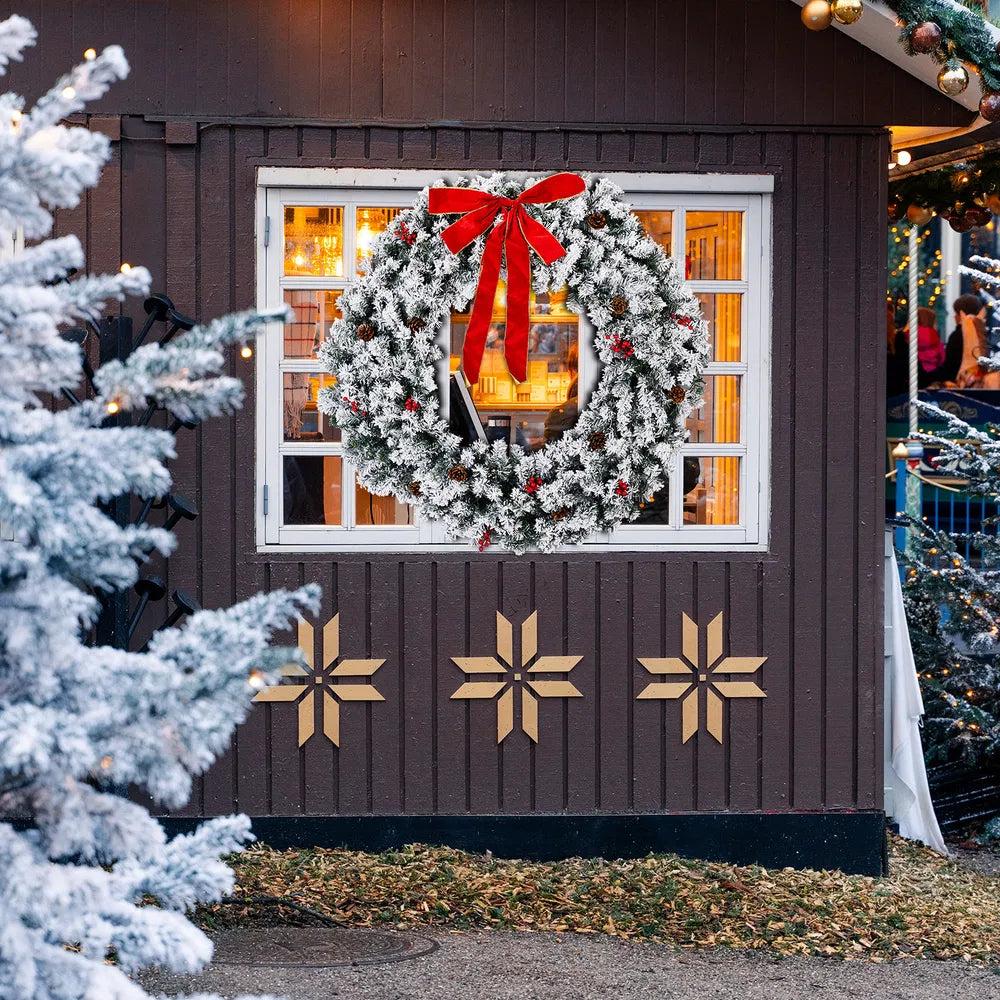 Pre-Lit Snow Flocked Christmas Wreath - 48 Inch with 150 Lights
