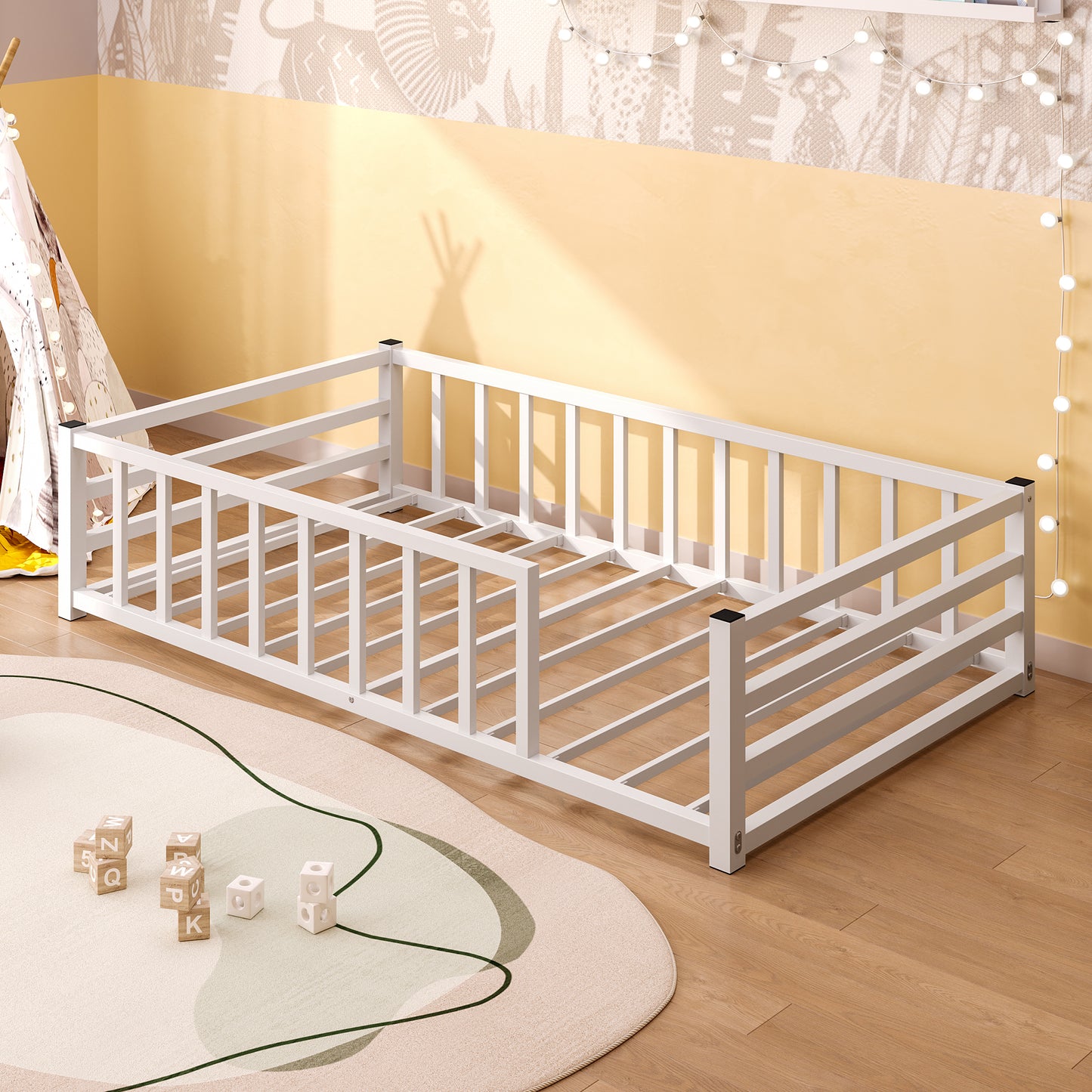 Twin Size Low Profile Metal Bed Frame with Guardrails - White