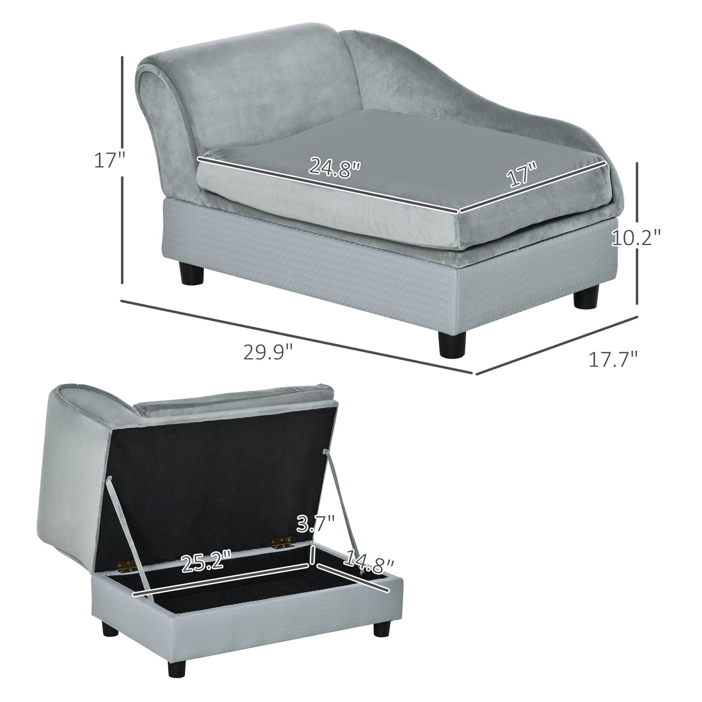 Small Dog Couch Bed with Hidden Storage - Pale Gray Pet Sofa with Foam