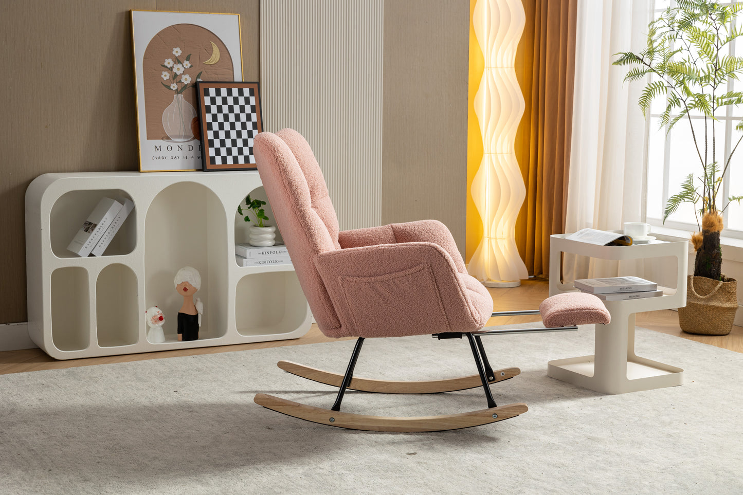 Pink Teddy Fabric Rocking Chair with Adjustable Footstool