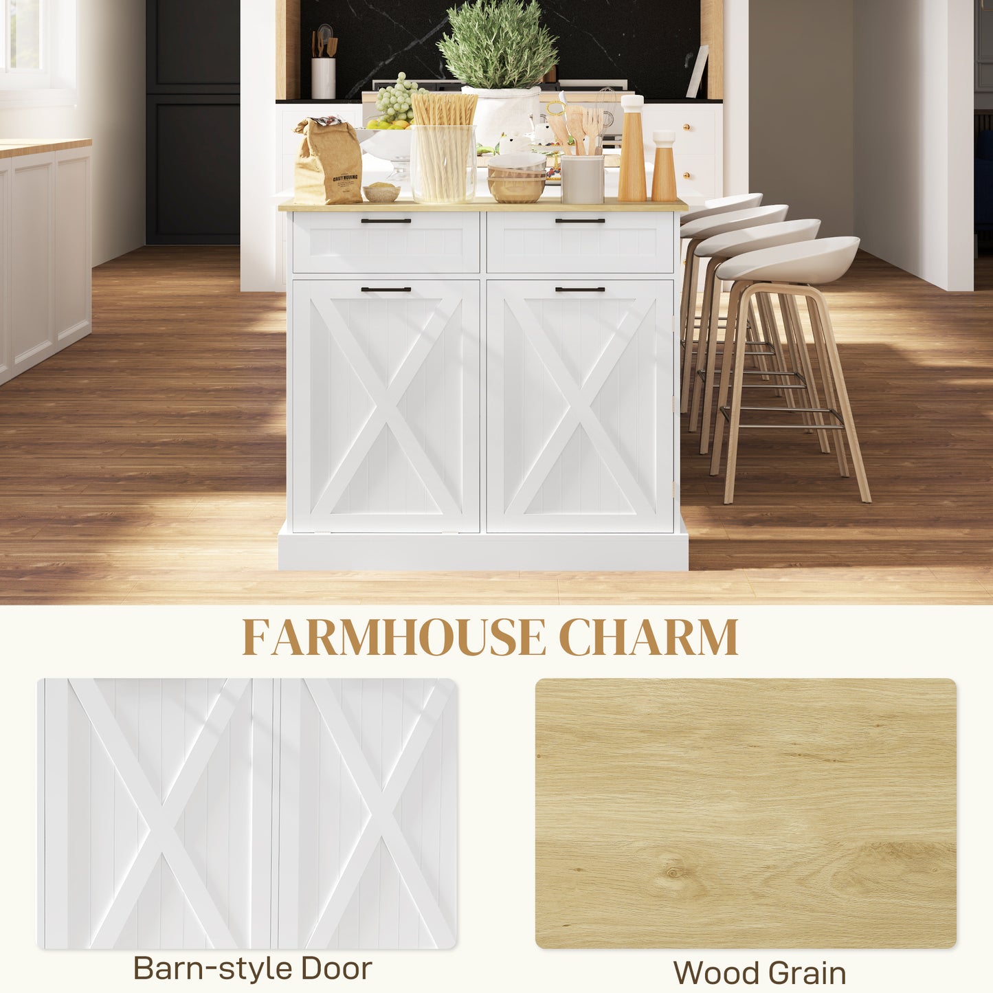Farmhouse Kitchen Cabinet with Hidden Trash Can & 2 Drawers - White