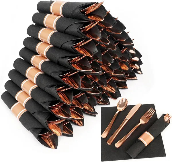50 Pack Rose Gold Plastic Cutlery Set with Black Napkins - Wrapped