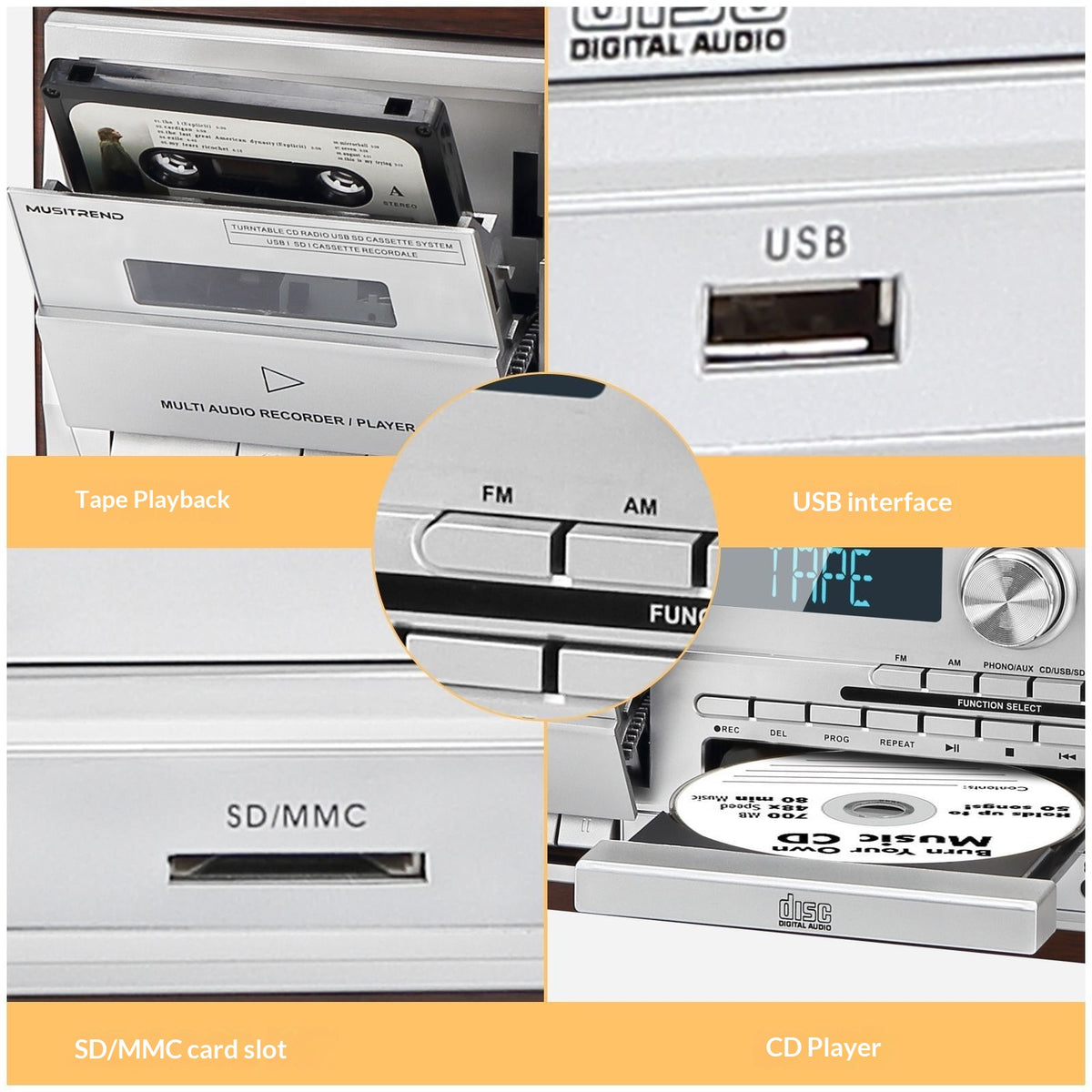 Multifunction 10-in-1 Vinyl Record Player with CD, Tape, Radio & Bluetooth