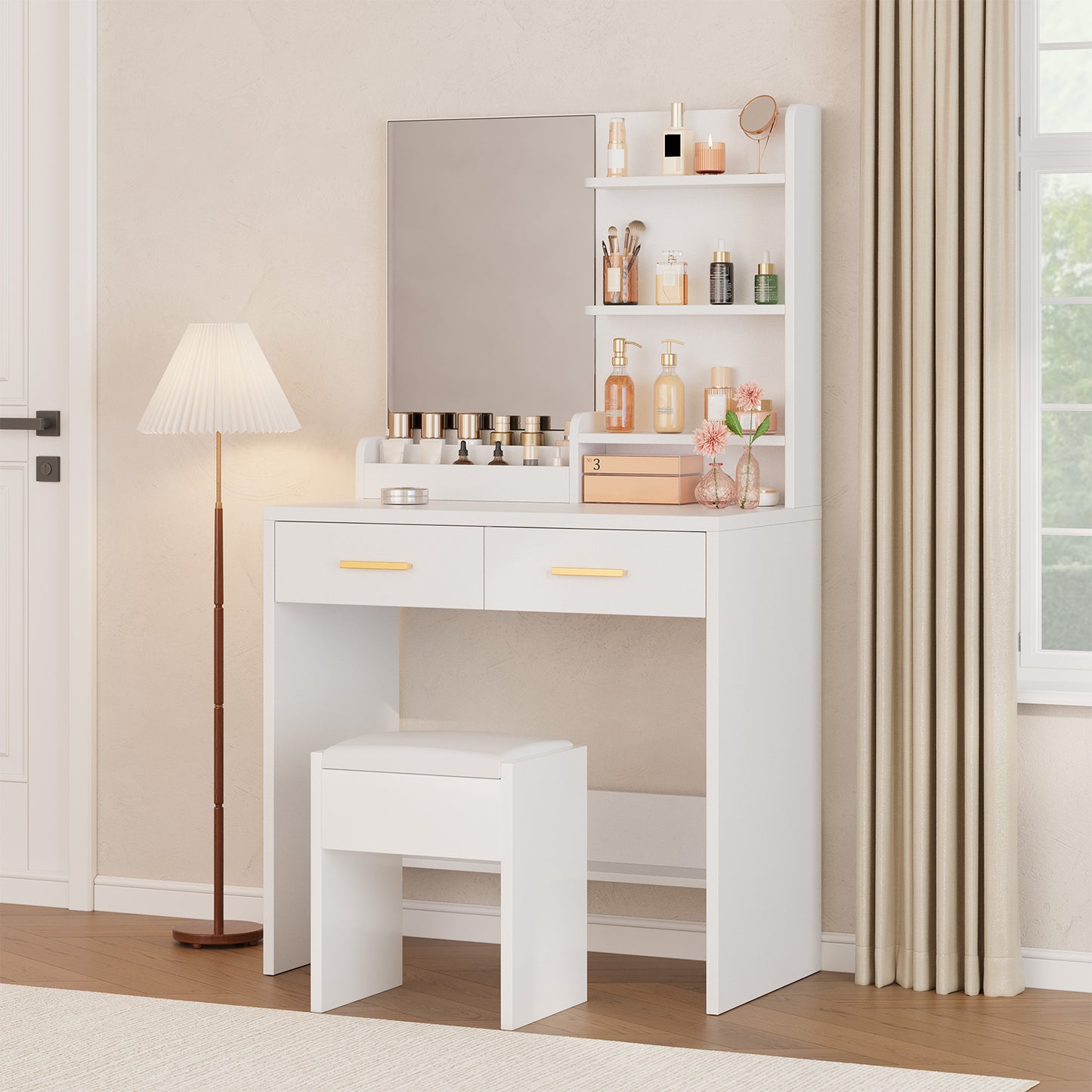 Vanity Table With Mirror 2 Drawers 3 Open Shelves Elegant White
