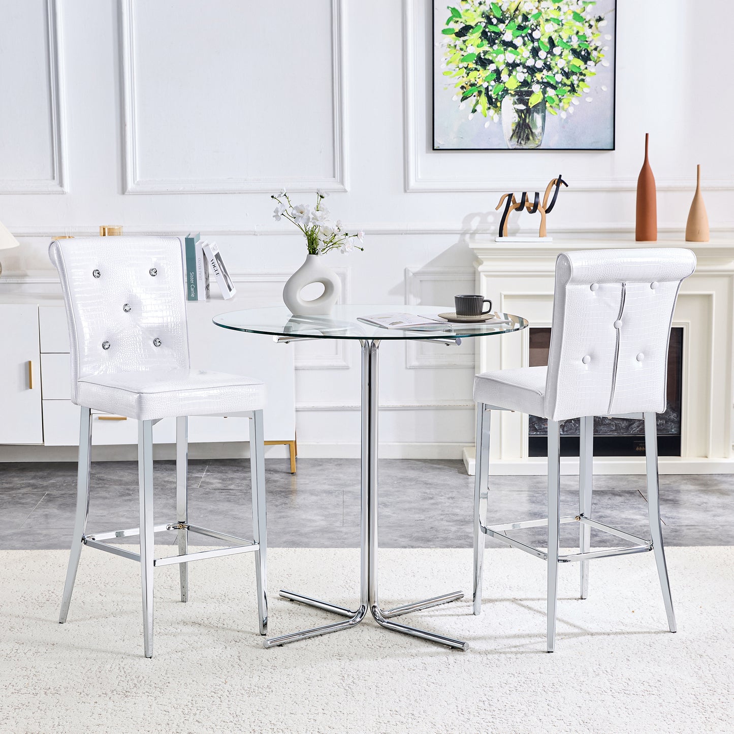 A Set Of 2 White Vintage Crocodile Leather Bar Chairs, Featuring