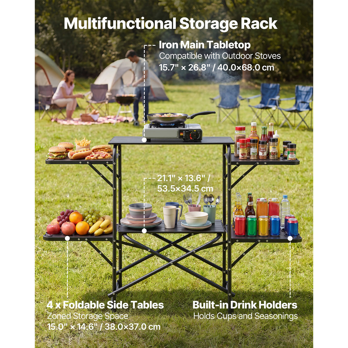 Portable Folding Camping Kitchen Table with 4 Side Tables, Heat Resistant Surface & Carry Bag
