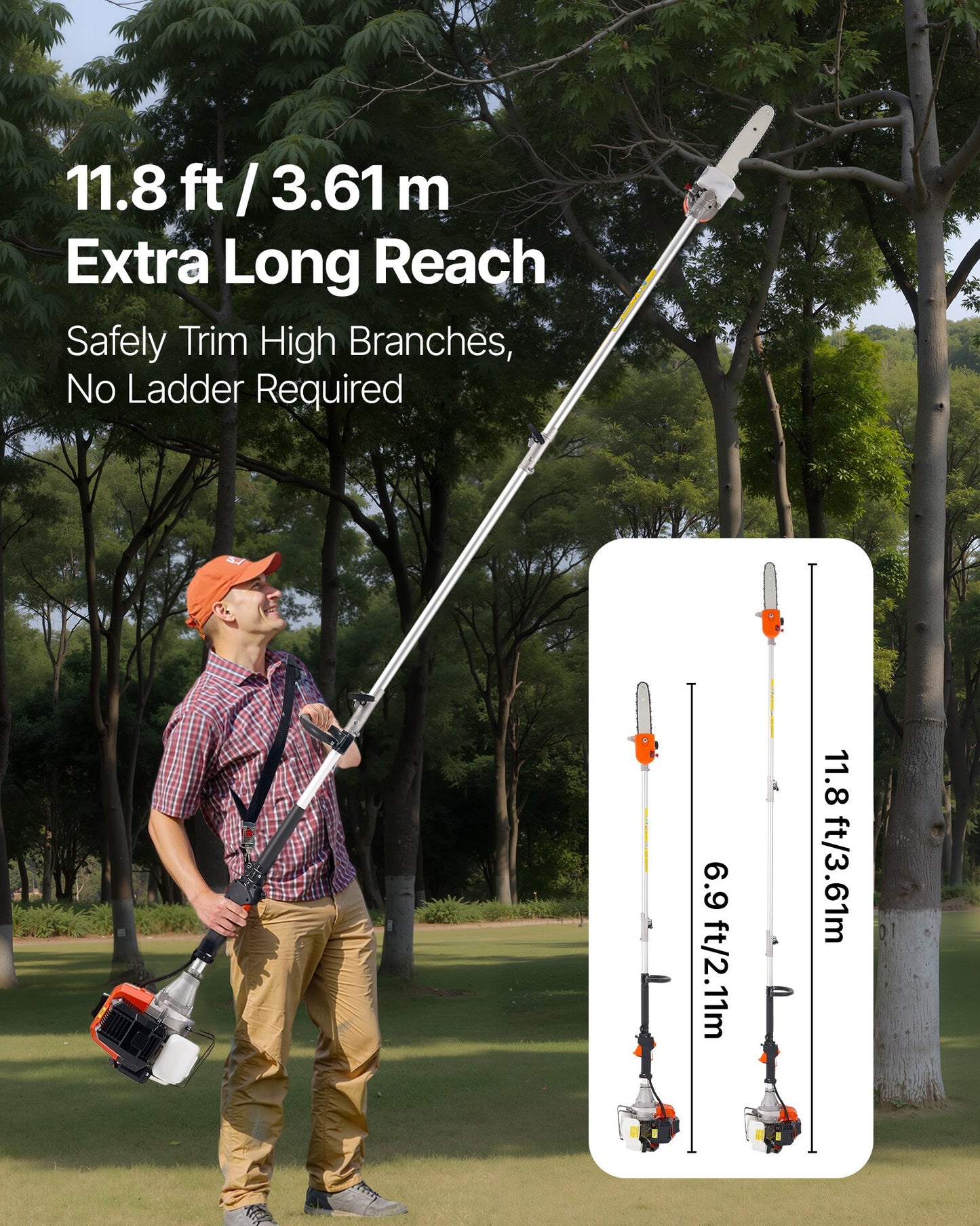 Gas Powered Pole Saw with Rotatable Head 43CC 2-Stroke Tree Trimmer 10-Inch Bar