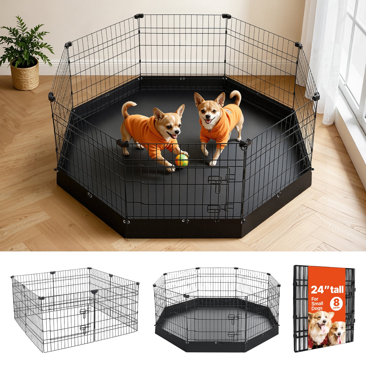 Heavy Duty Dog Playpen 24 Inch 8 Panels Indoor Outdoor Fence with Door and Bottom Pad
