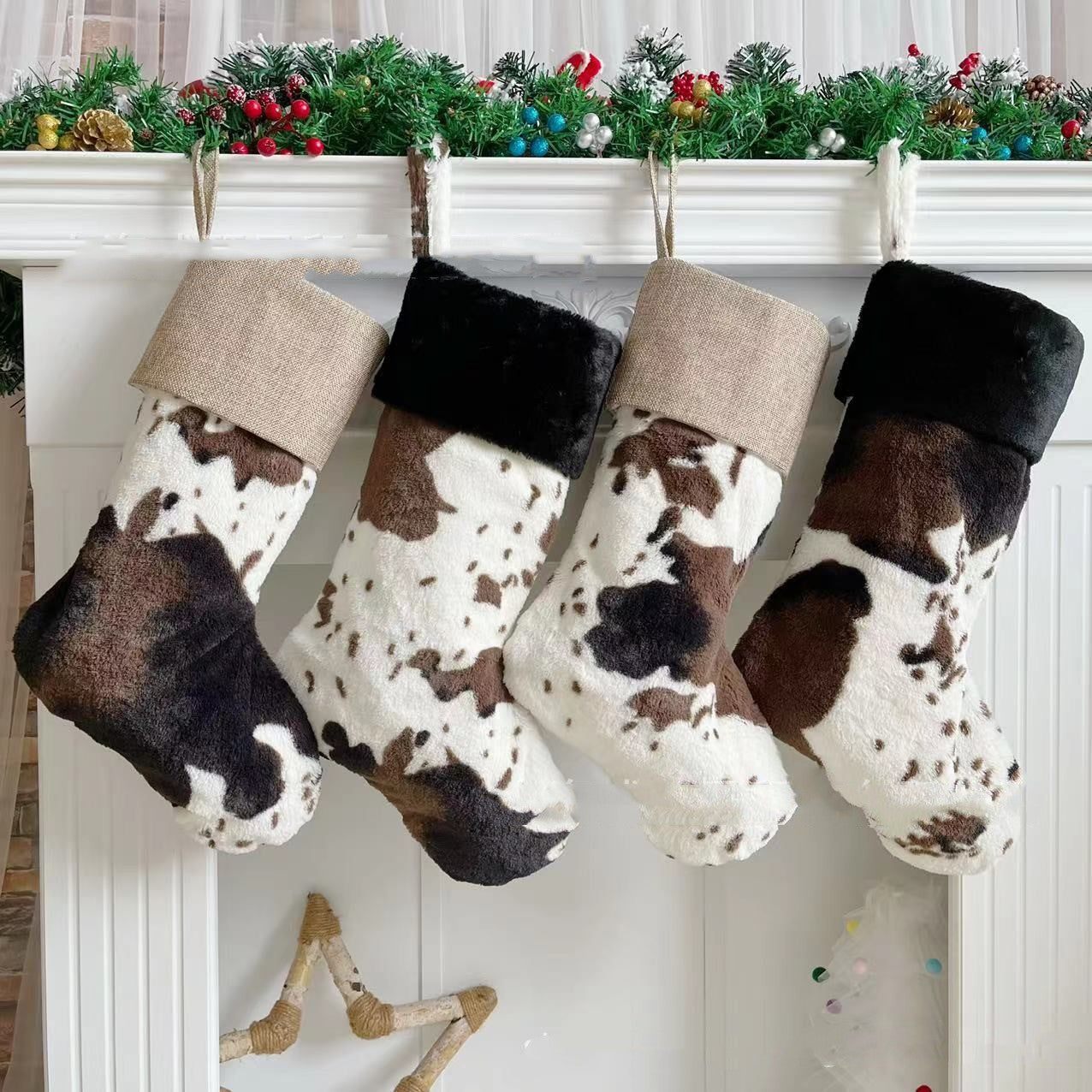 20-Inch Plush Christmas Stockings Cow Pattern Gift Bag - Holiday Decor