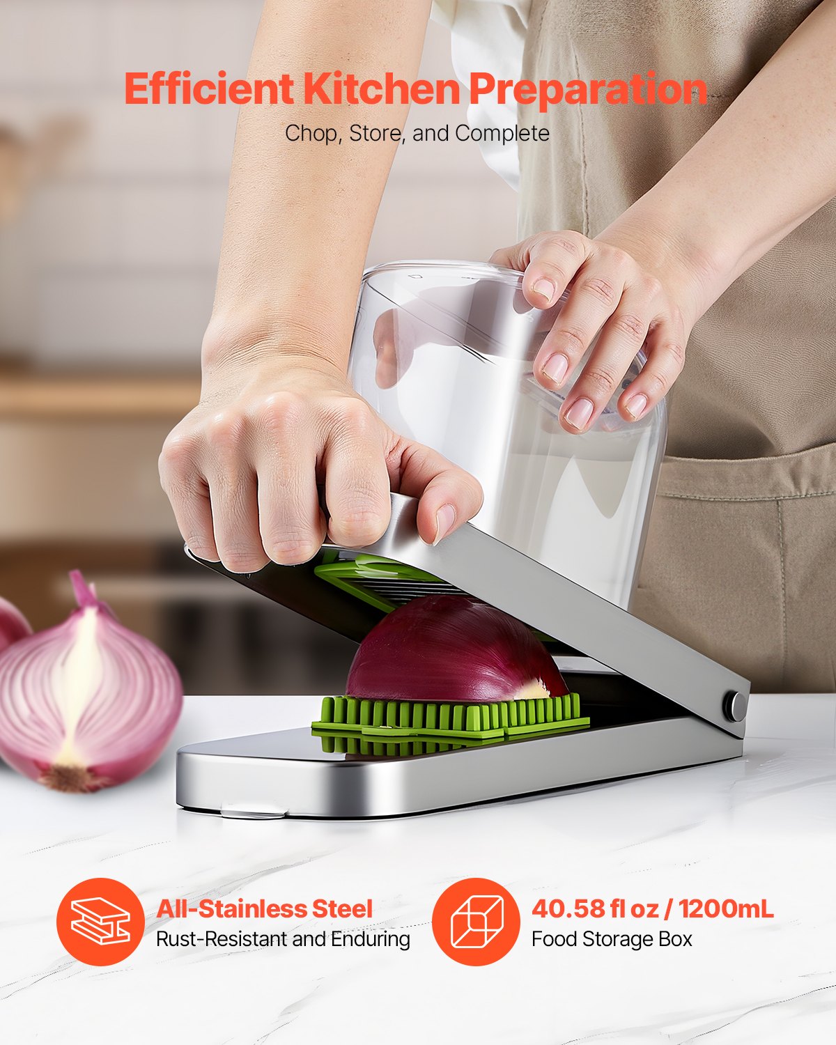Vegetable Chopper Food Veggie Cutter with Stainless Steel Blades and Large Container - Silver