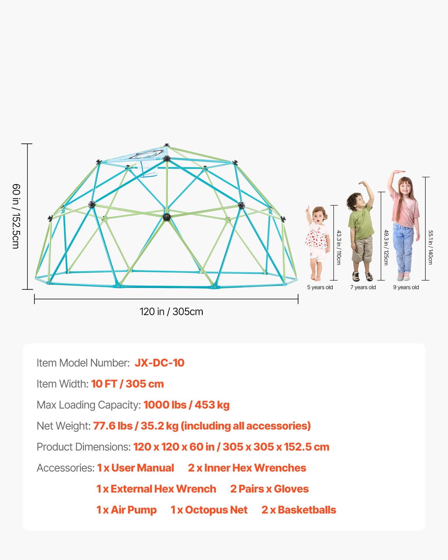 10FT Kids Climbing Dome Playset with Jungle Gym, Basketballs & Octopus Net