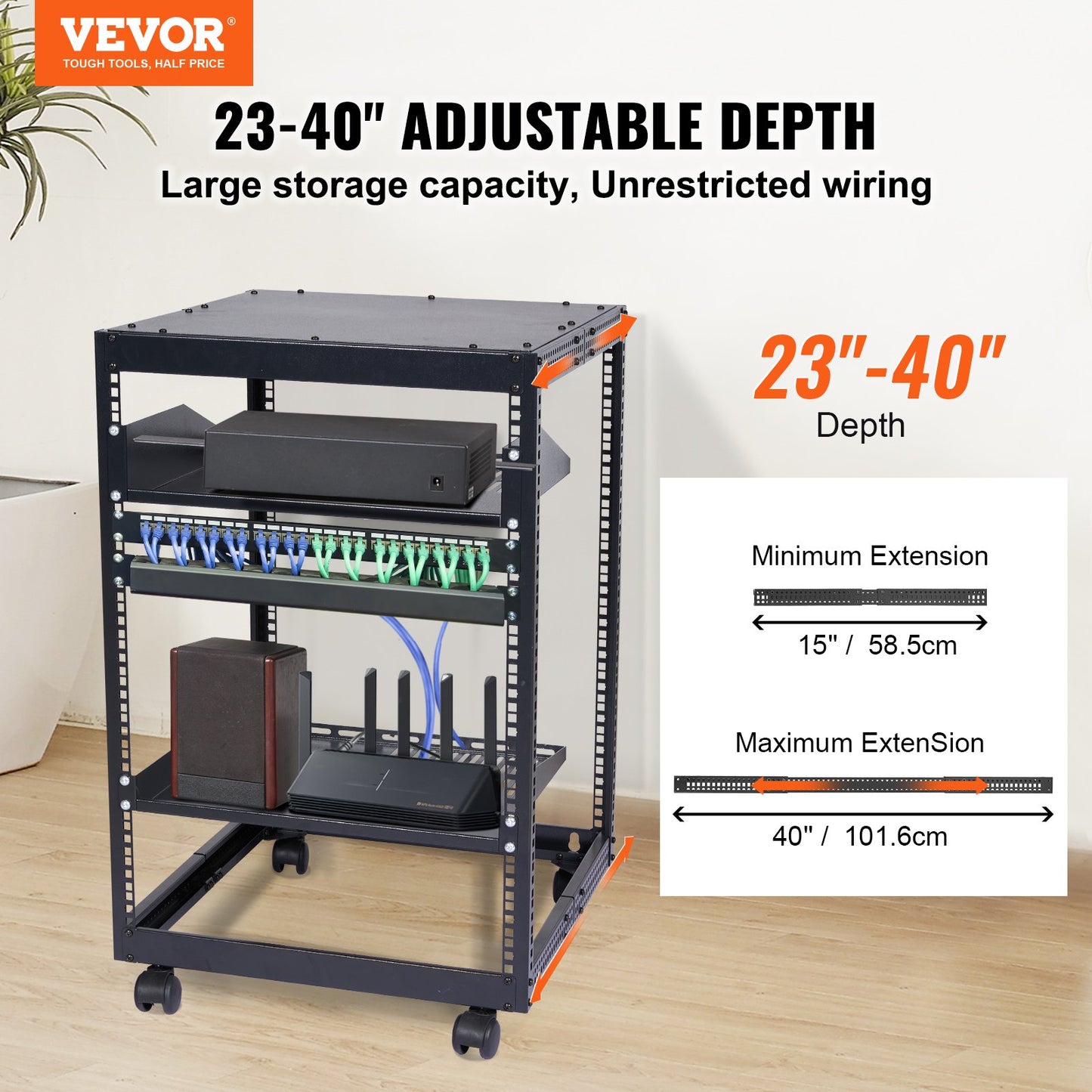 15U Open Frame Server Rack with Adjustable Depth 23-40 inches - Black