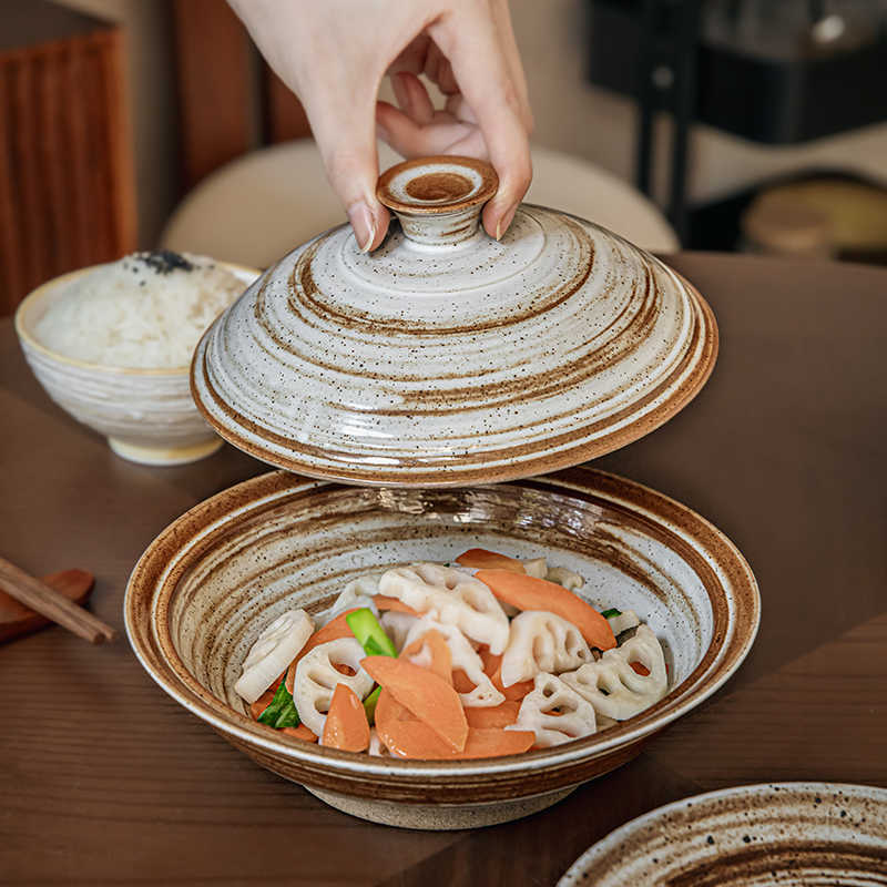 High Leg Ceramic Stoneware Bowl with Lid - 7.5 Inch Retro Dinnerware