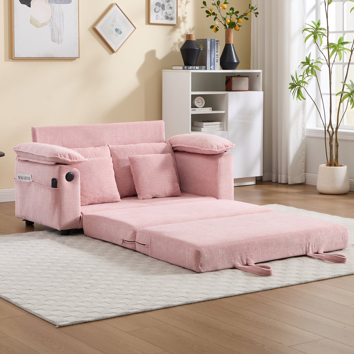 58-Inch Pink Upholstered Futon Sofa Bed with Side Pockets