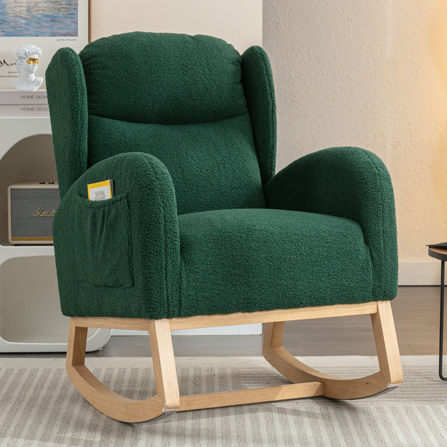 Teddy Fabric Rocking Chair with Wooden Legs - Green