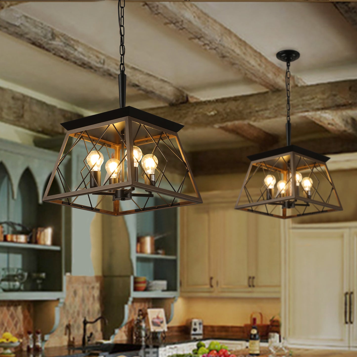 16-Inch Walnut Industrial 4-Light Pendant Chandelier - Adjustable Modern Design