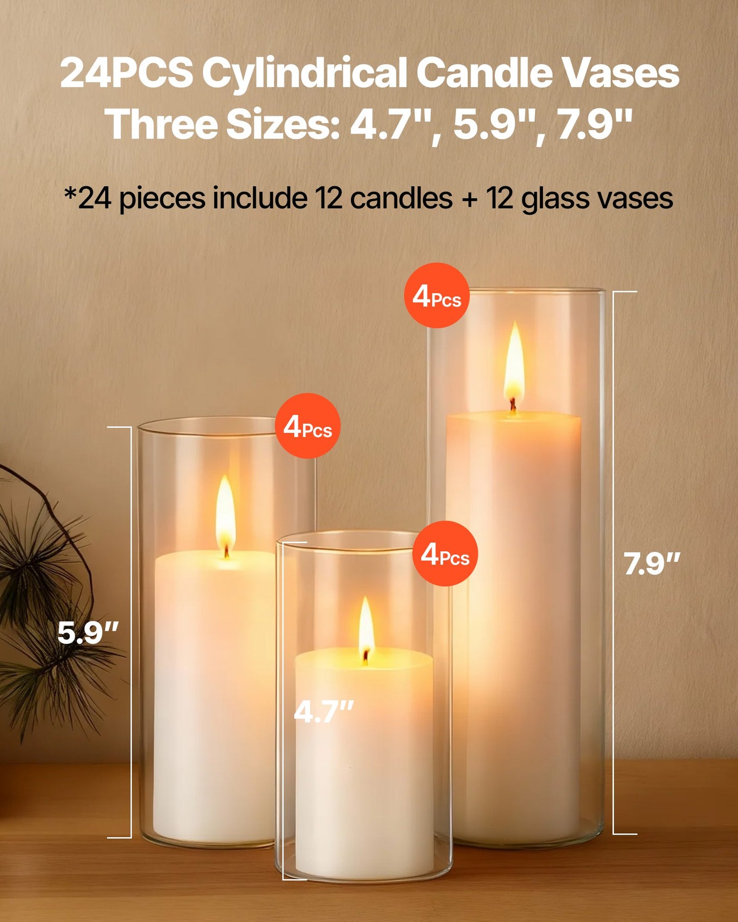 Glass Vases and Candle Set for Wedding Centerpieces - 12 Vases, 12 Candles, 3 Sizes