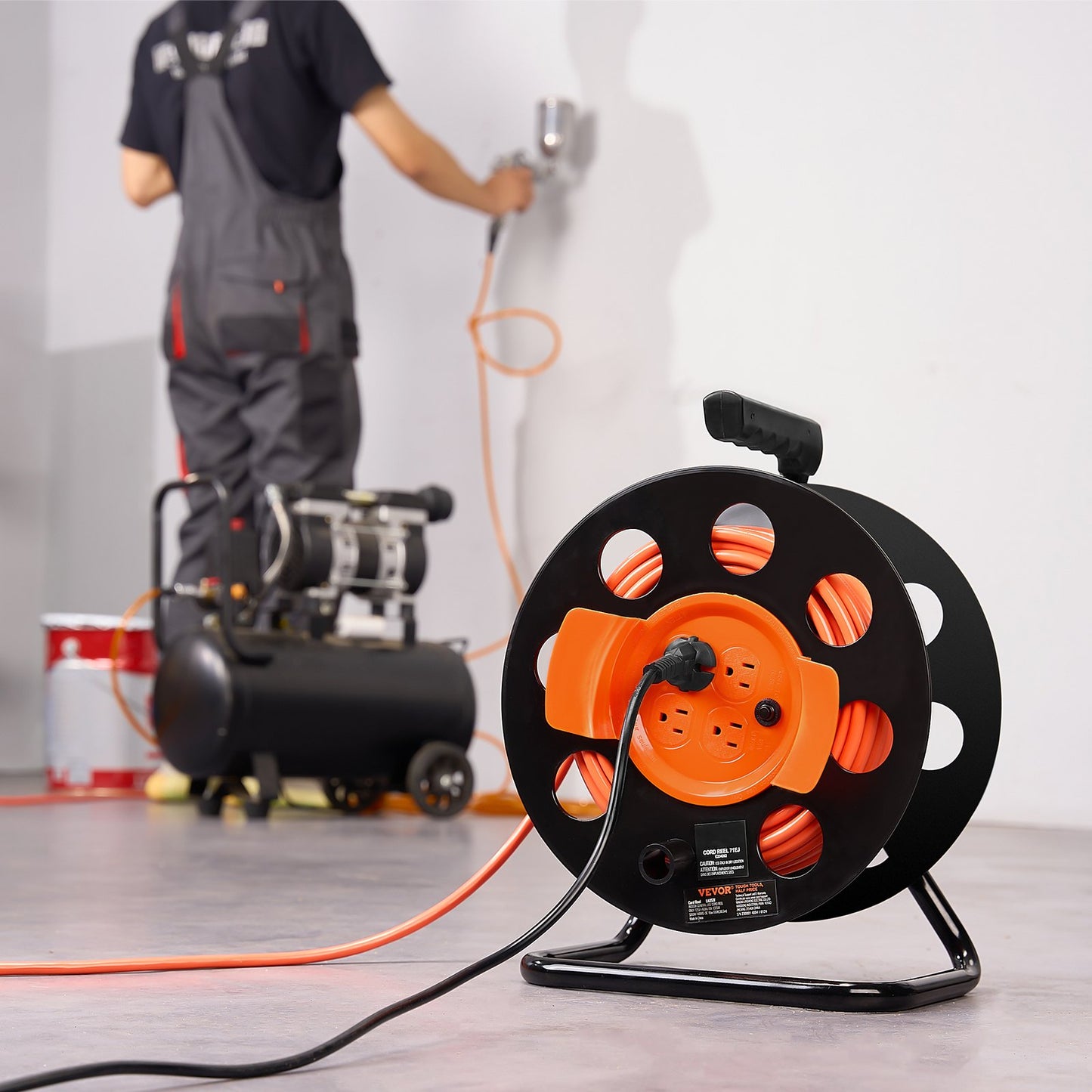 Heavy Duty 100FT Extension Cord Reel with 4 Outlets Dust Cover Circuit Breaker Orange