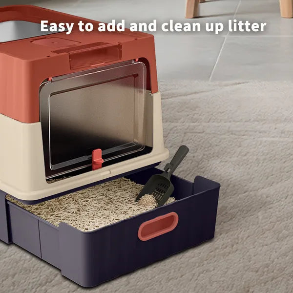 Red Cat Litter Box with Drawer Style Design, Space-Saving Pet Waste Solution