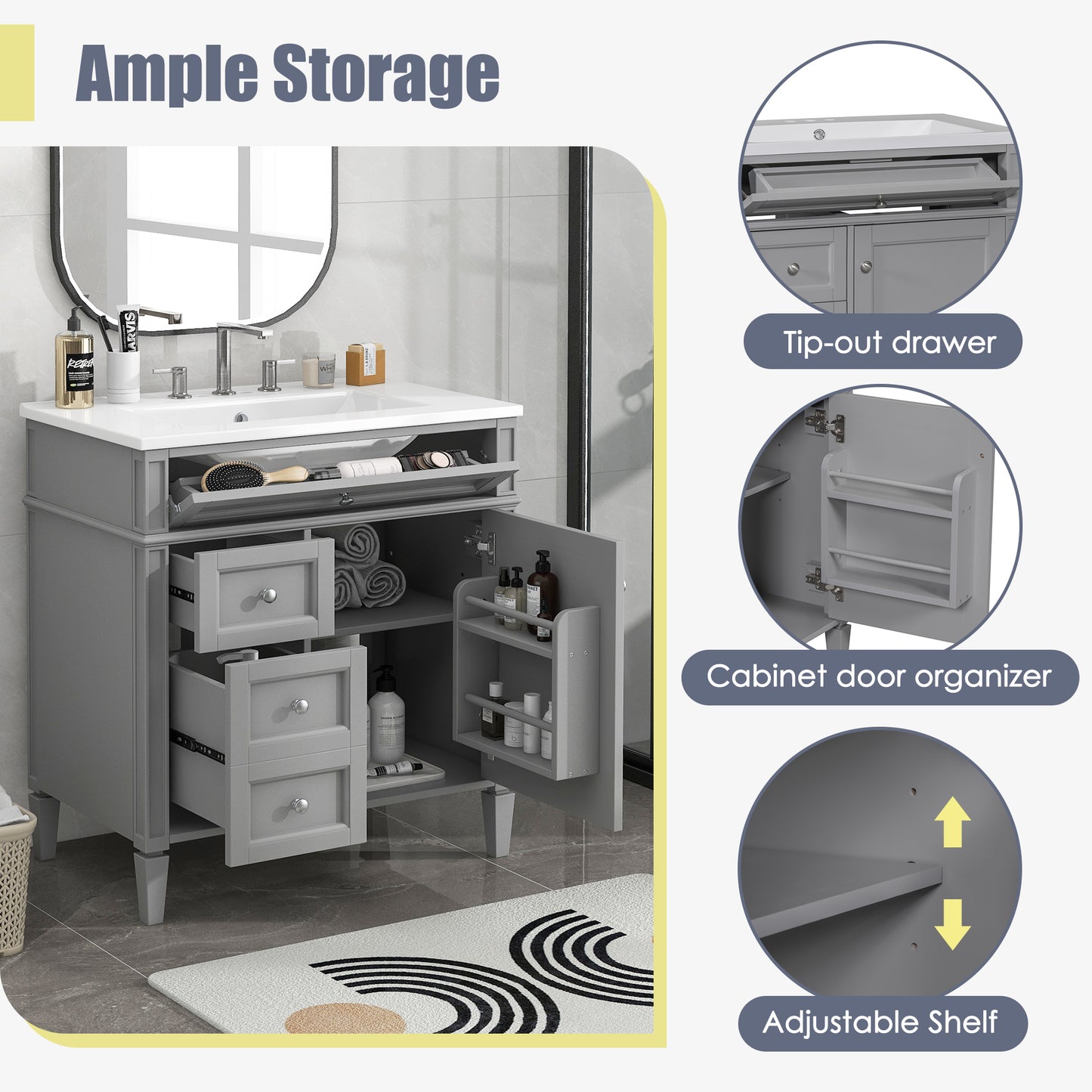 30'' Modern Bathroom Vanity with Sink & 3 Drawers - Grey