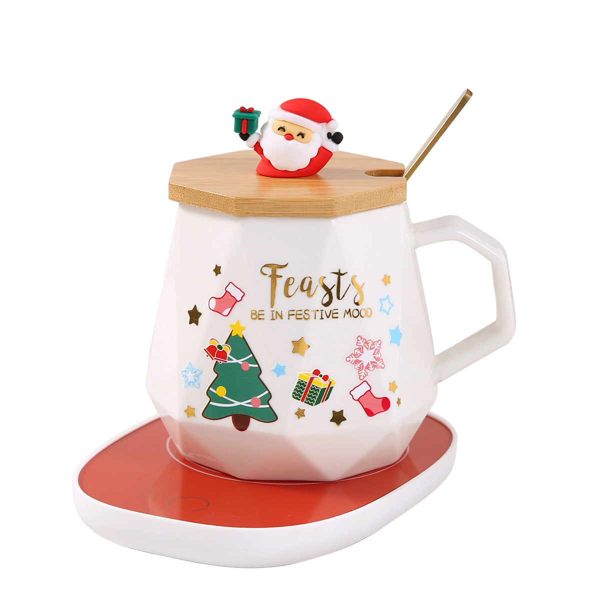 Christmas Gift Mug Set with USB Heating Coaster - Holiday Ceramic Cup
