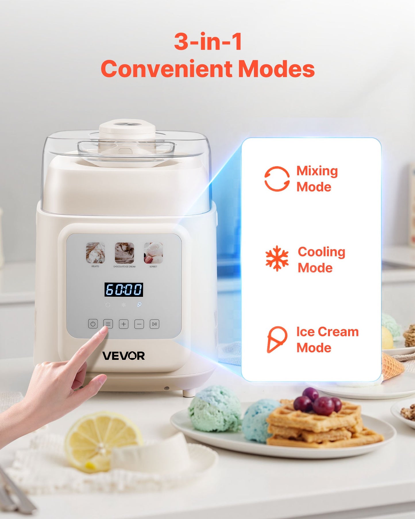 1 Quart Automatic Ice Cream Maker with Built-in Compressor - No Pre-Freezing, White
