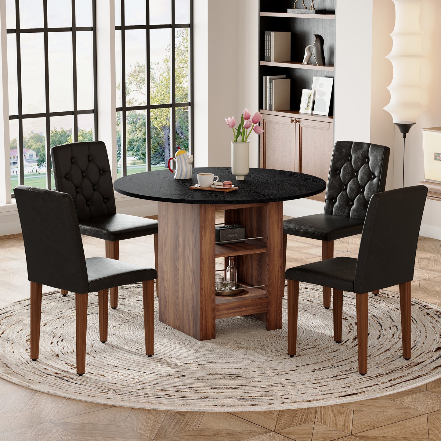 Table And Chair Set. 42 Inch Round MDF Black Dining With Double-layer
