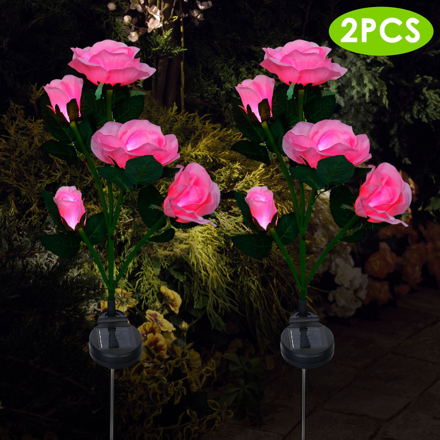 Solar Powered Rose Flower LED Lights - 2Pcs Outdoor Decorative Lamps