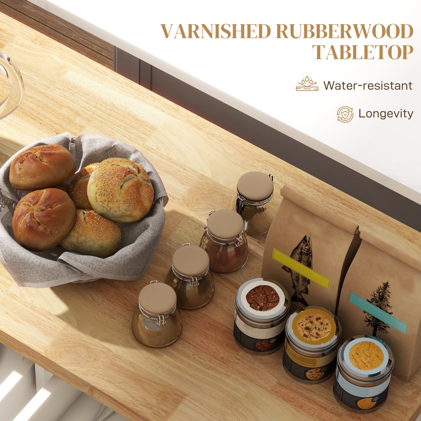 Rolling Kitchen Island Cart with Rubberwood Top & Storage - Cream White