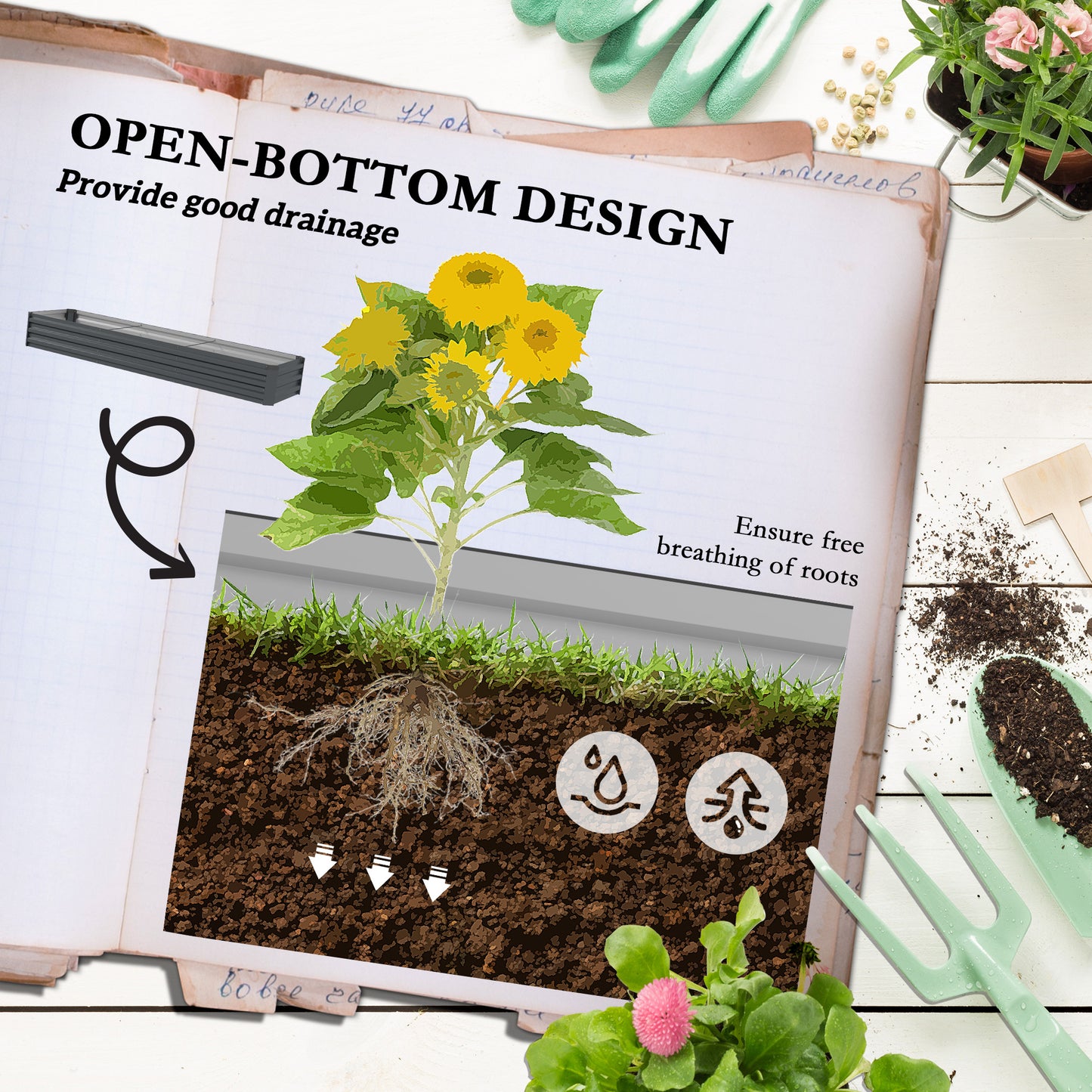 Galvanized Raised Garden Bed Kit with Safety Edging for Flowers & Vegetables, Dark Gray 8x2ft