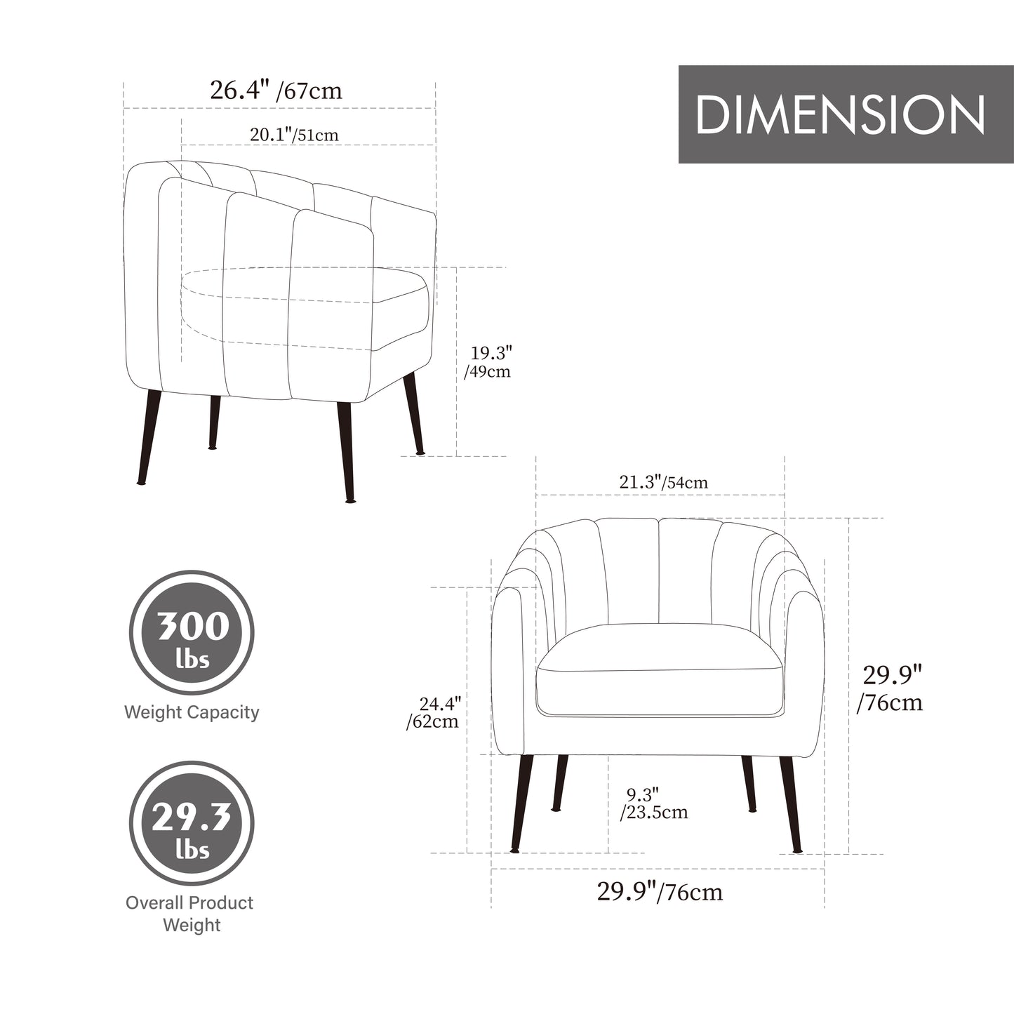 Modern Chenille Barrel Accent Chair with Metal Legs - Black