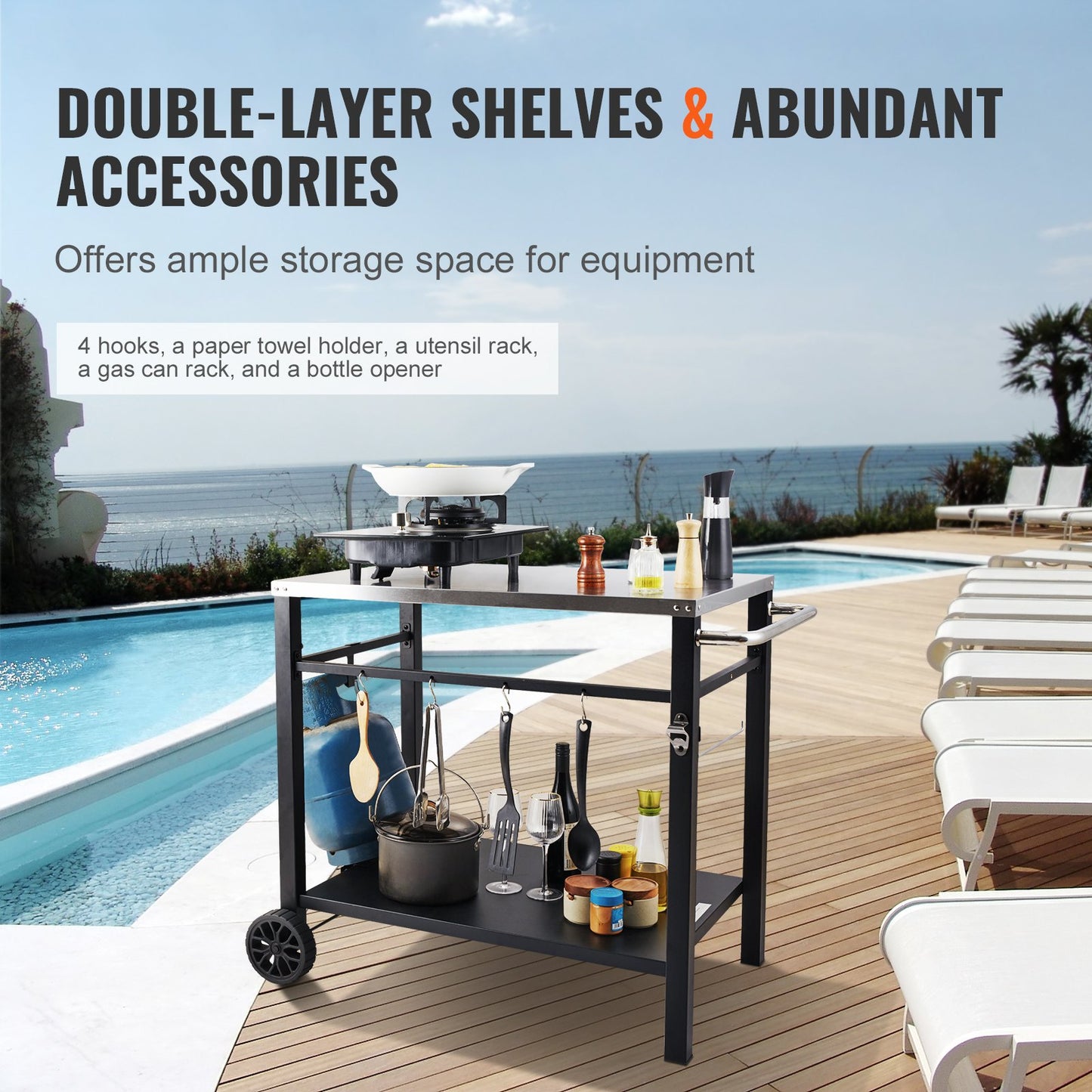 Portable BBQ Dining Cart with Double Shelf - Stainless Steel