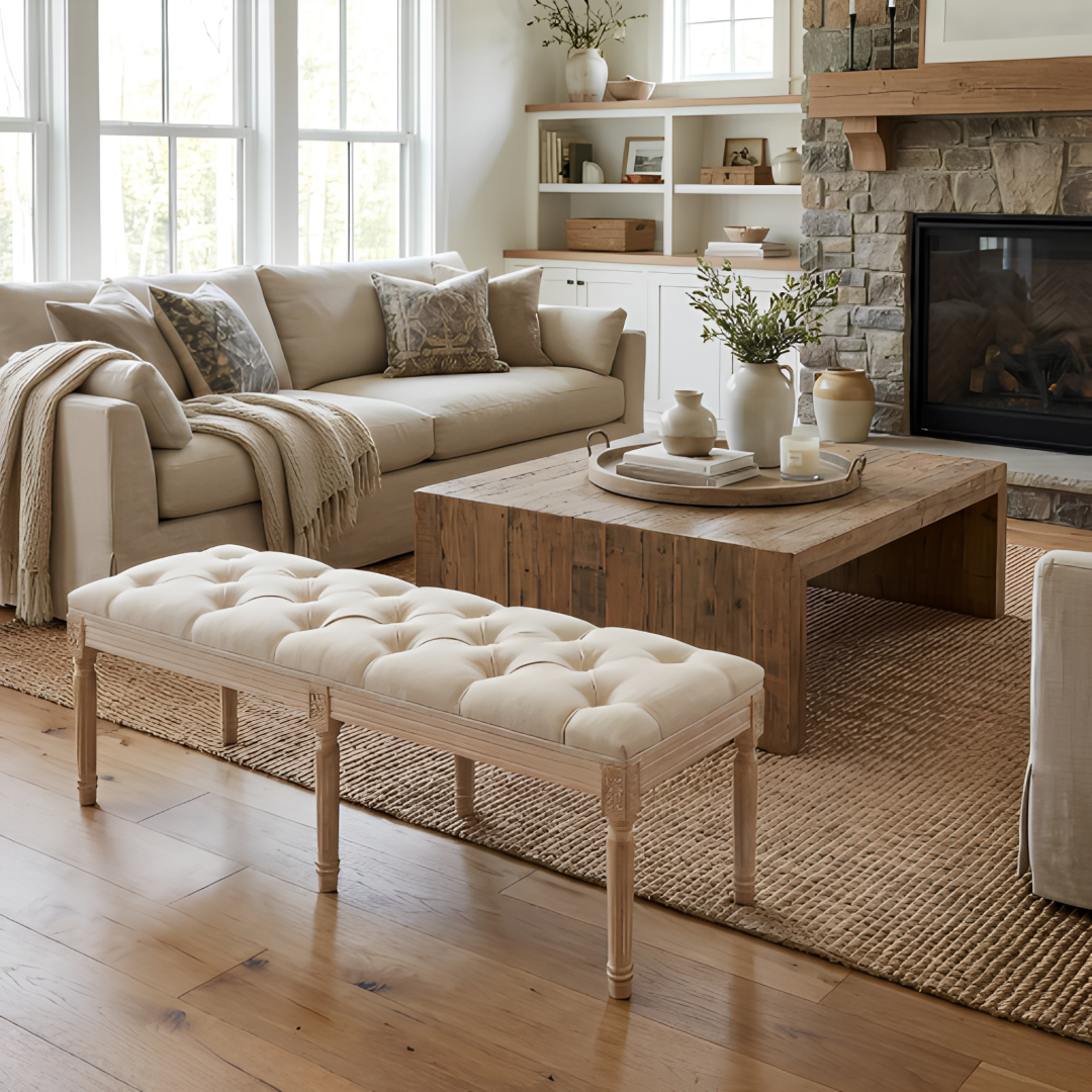 French Vintage Tufted Bedroom Bench - Cream Upholstered Ottoman
