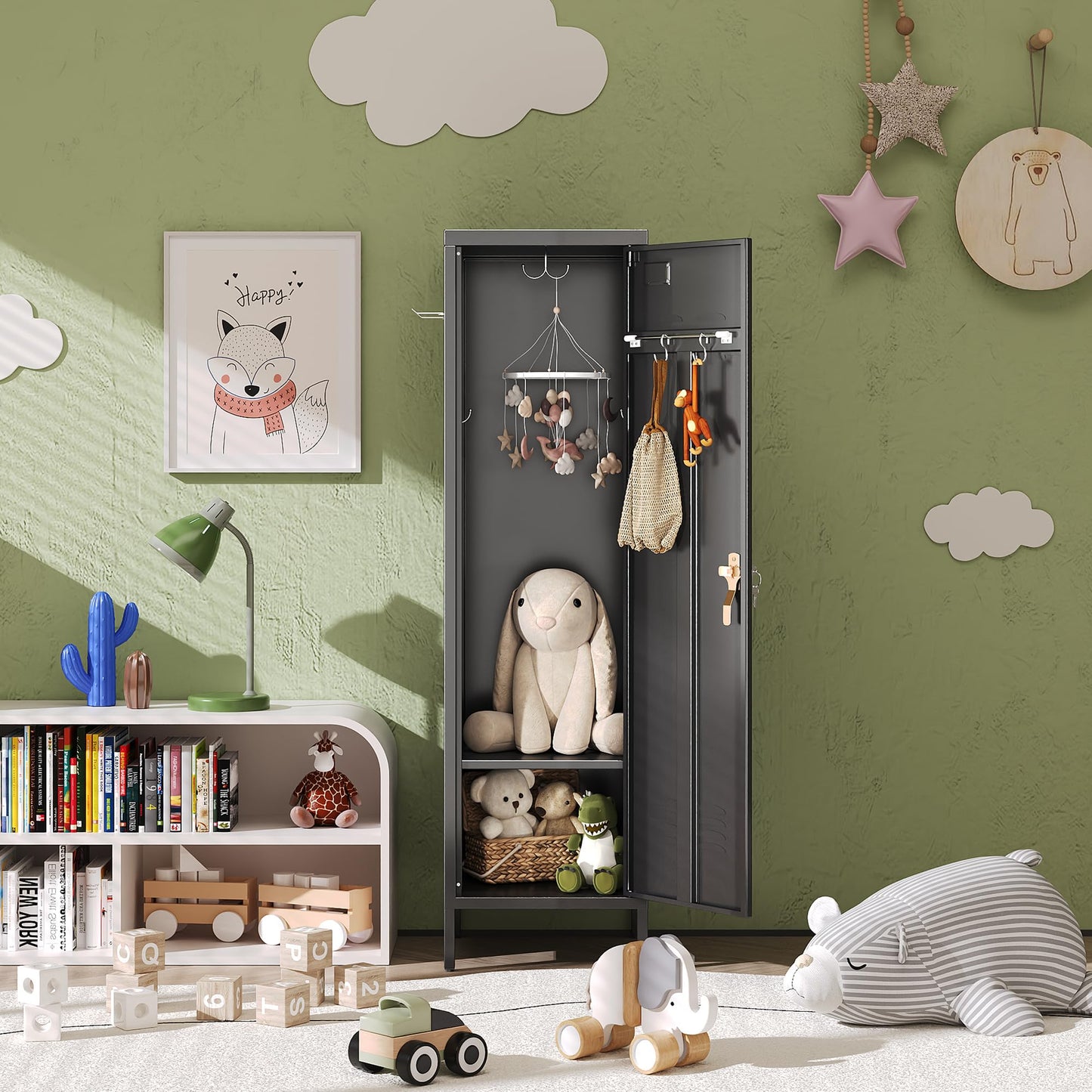 Metal Storage Locker with Handle and Hanging Rod - Black