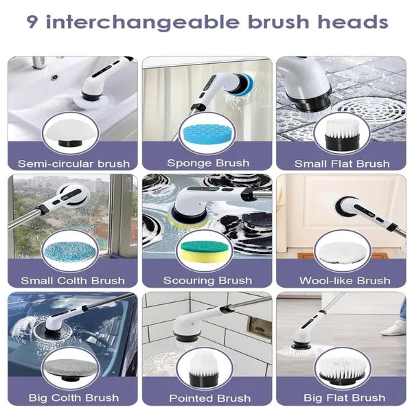 Electric Cleaning Brush with 9 Replaceable Heads & Extendable Rod