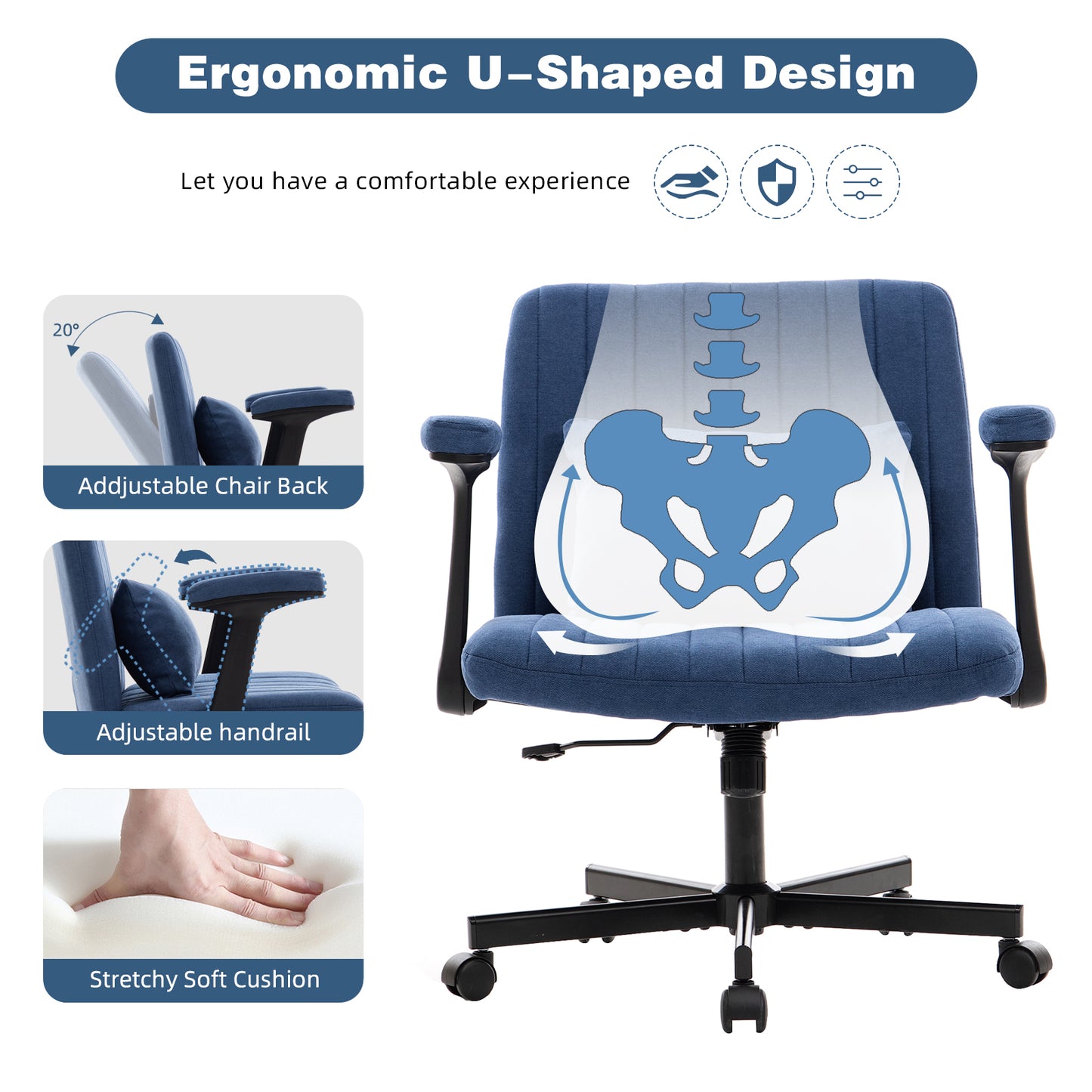 Blue Modern Linen Criss Cross Armrest Office Chair